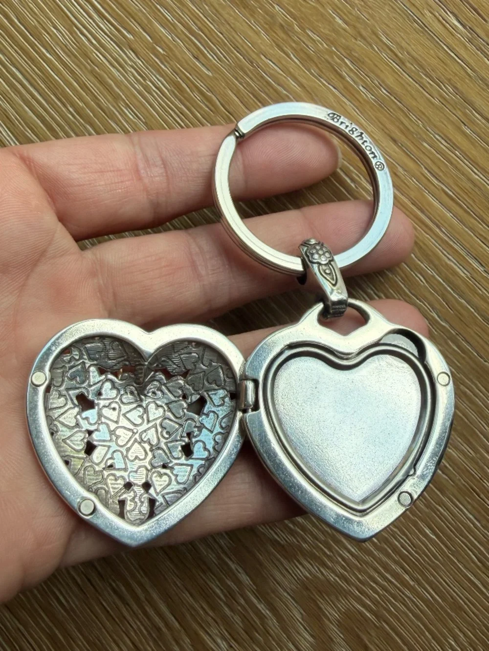 Brighton Floral Heart Locket Key Fob Silver PlatedKeychain Photo Holder